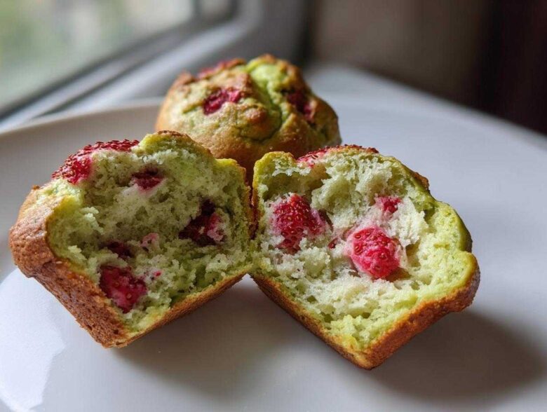 A Strawberry Matcha Yogurt Muffin cut in half showing the moist, green interior with visible pieces of strawberry.
