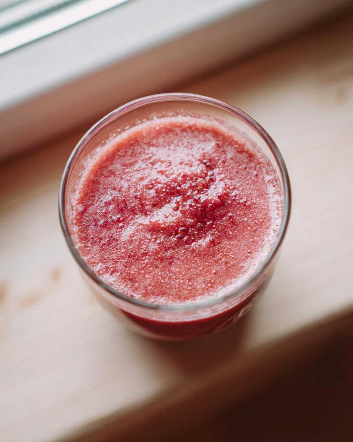 Overhead view of blended red liquid, likely Strawberry Miso Vinaigrette, in a clear glass on a wooden surface.