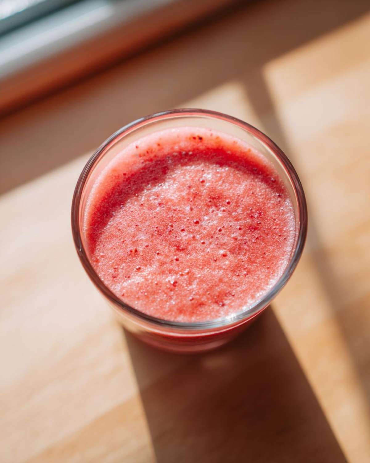 Overhead view of bright pink Strawberry Miso Vinaigrette, slightly frothy, in a clear glass on a wooden surface.