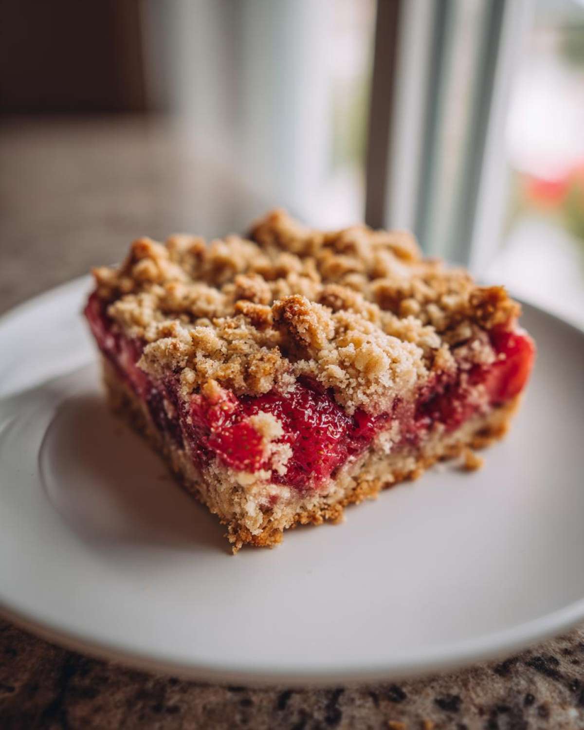A close-up of a single serving of Strawberry Oat Crumble Bars showing the thick strawberry filling and crumbly oat topping.