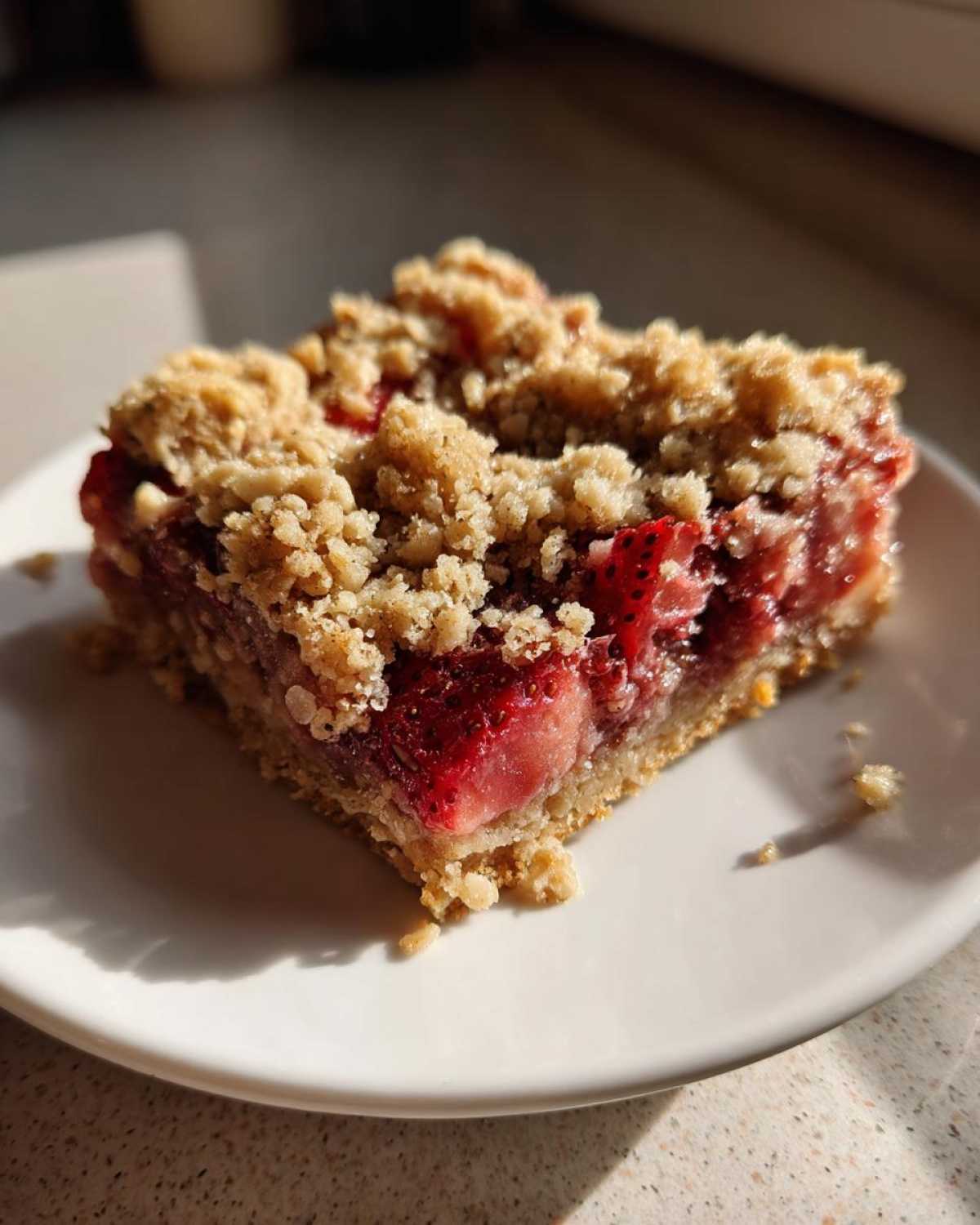 A single square of Strawberry Oat Crumble Bars featuring a thick layer of bright red strawberry filling topped with golden oat crumble.