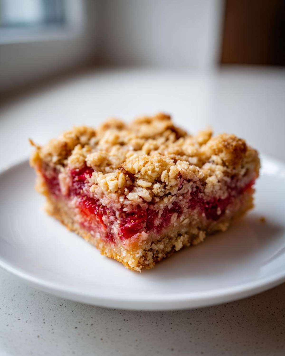 A square slice of Strawberry Oat Crumble Bars with a thick layer of bright red strawberry filling and a golden oat crumble topping.