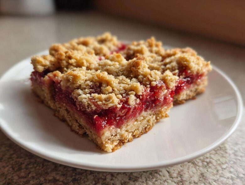 Two squares of rich Strawberry Oat Crumble Bars featuring a thick jam layer and crumbly oat topping, served on a white plate.