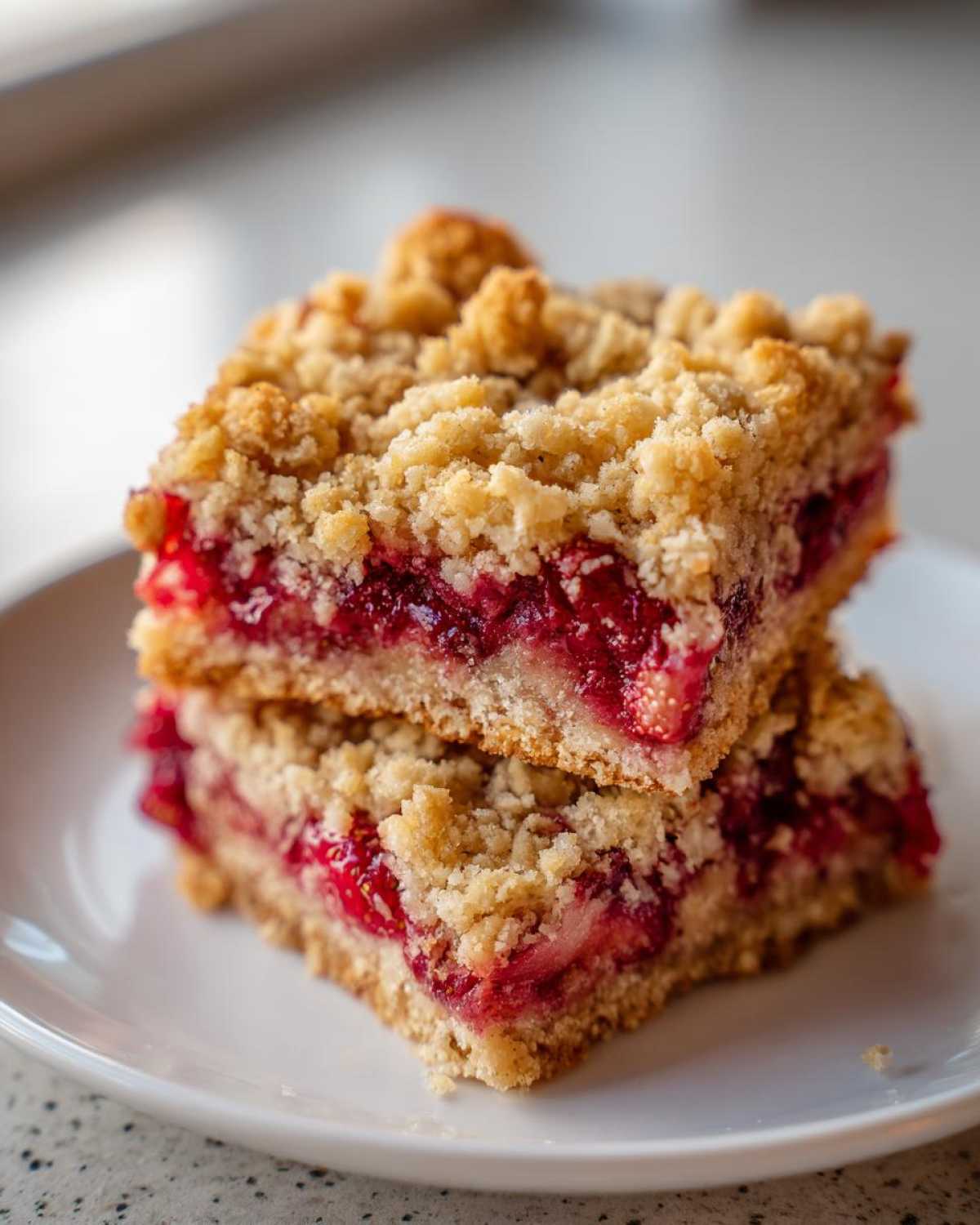 Two stacked squares of Strawberry Oat Crumble Bars showing a thick layer of bright red strawberry filling and crumbly oat topping.