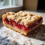 A single, perfectly baked Strawberry Rhubarb Streusel Bars square showing a thick, bright red fruit layer beneath a golden, crumbly streusel topping.