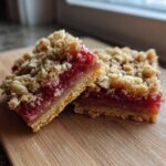 Close-up of two delicious Strawberry Rhubarb Streusel Bars featuring a thick, bright red filling and crumbly oat topping.