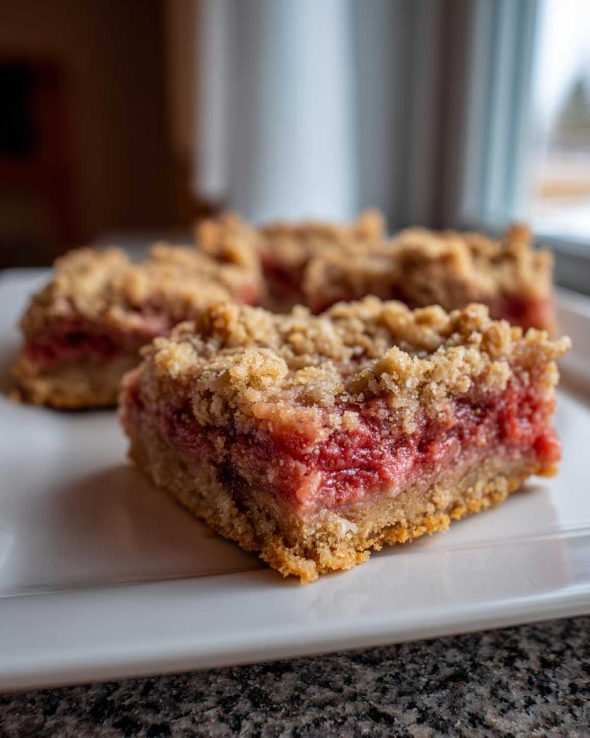 A close-up of a thick, square Strawberry Rhubarb Streusel Bars slice showing the crumbly topping and bright pink fruit filling.