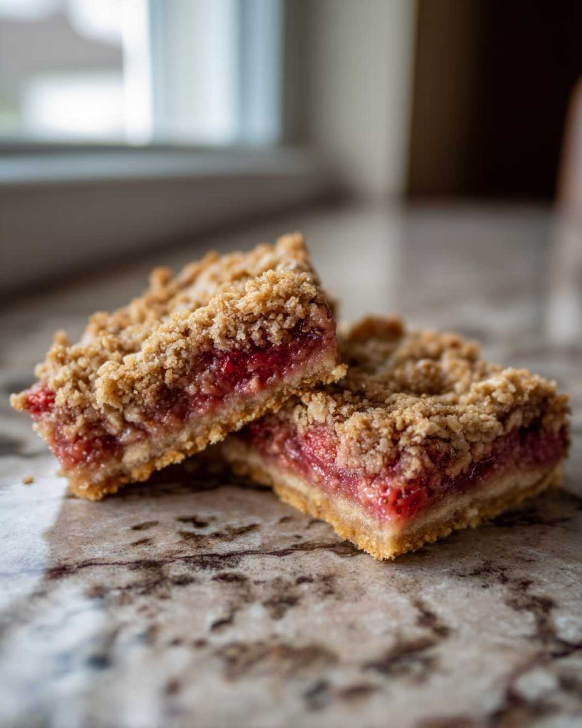 Two cross-sections of delicious Strawberry Rhubarb Streusel Bars showing the thick oat crumble topping and bright red fruit filling.