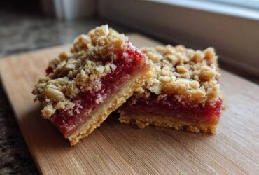 Close-up of two delicious Strawberry Rhubarb Streusel Bars featuring a thick, bright red filling and crumbly oat topping.