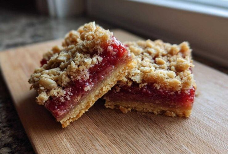 Close-up of two delicious Strawberry Rhubarb Streusel Bars featuring a thick, bright red filling and crumbly oat topping.