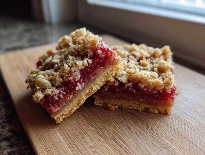 Close-up of two delicious Strawberry Rhubarb Streusel Bars featuring a thick, bright red filling and crumbly oat topping.