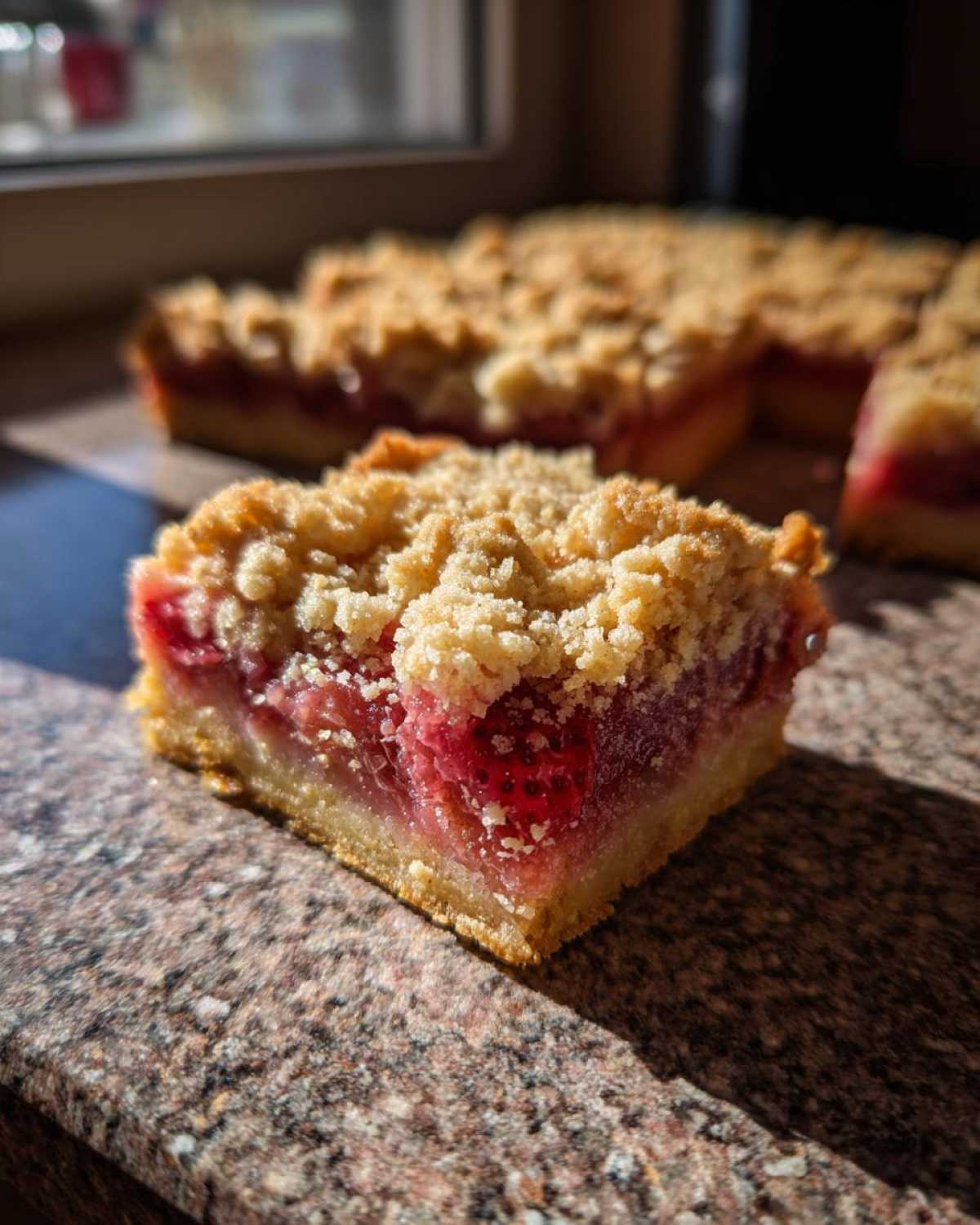 A single, thick slice of Strawberry Rhubarb Streusel Bars showing a bright red fruit filling and crumbly topping.