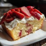 Close-up of a slice of moist Strawberry Vanilla Sheet Cake with fresh strawberries and whipped topping.