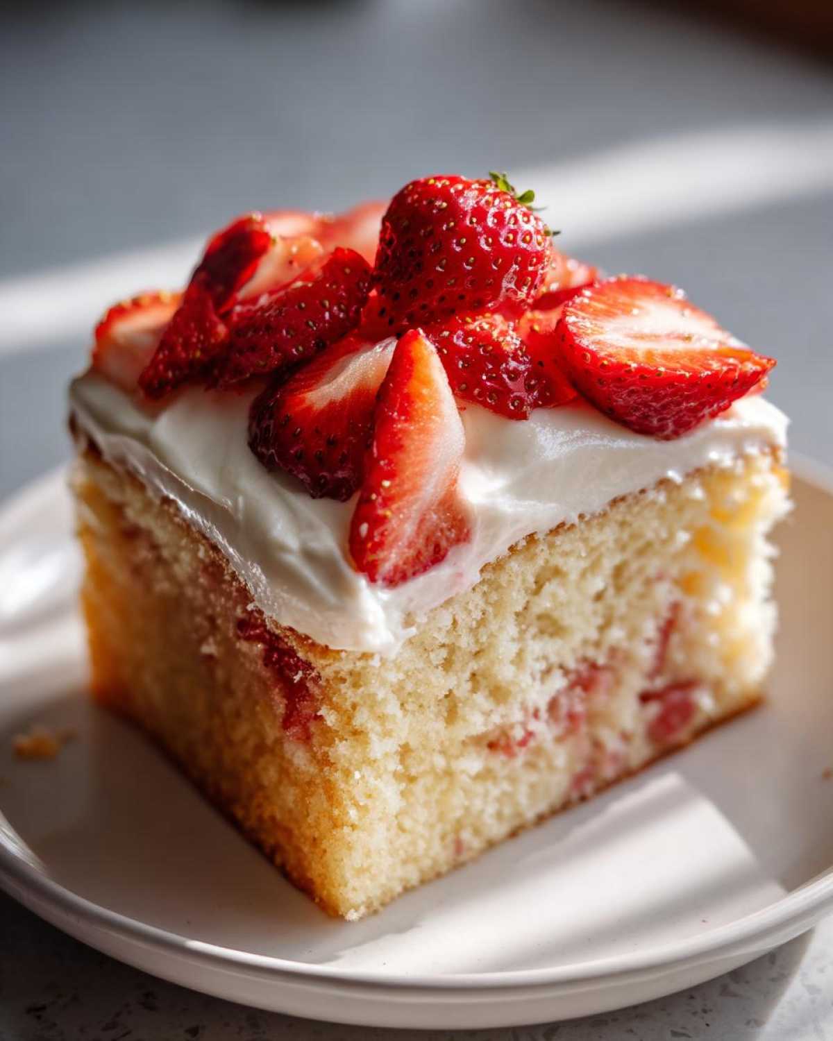 Close-up of a slice of Strawberry Vanilla Sheet Cake with white frosting and fresh sliced strawberries on top.