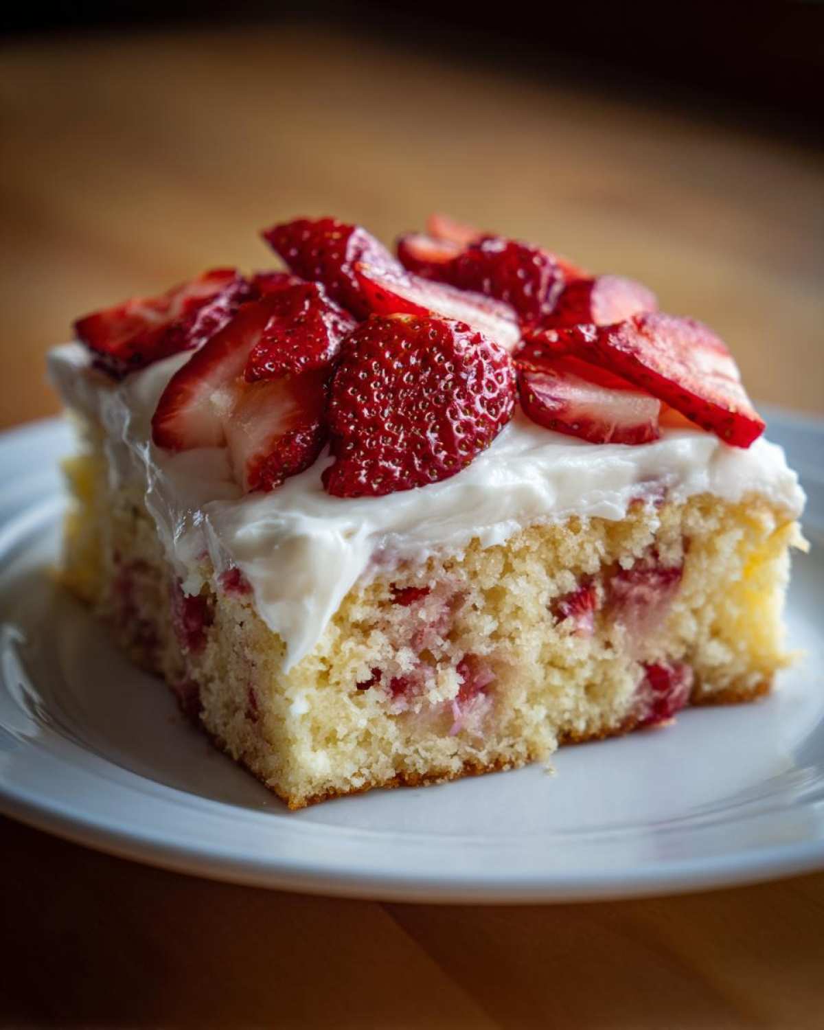 Close-up of a slice of Strawberry Vanilla Sheet Cake with fresh sliced strawberries on top of white frosting.