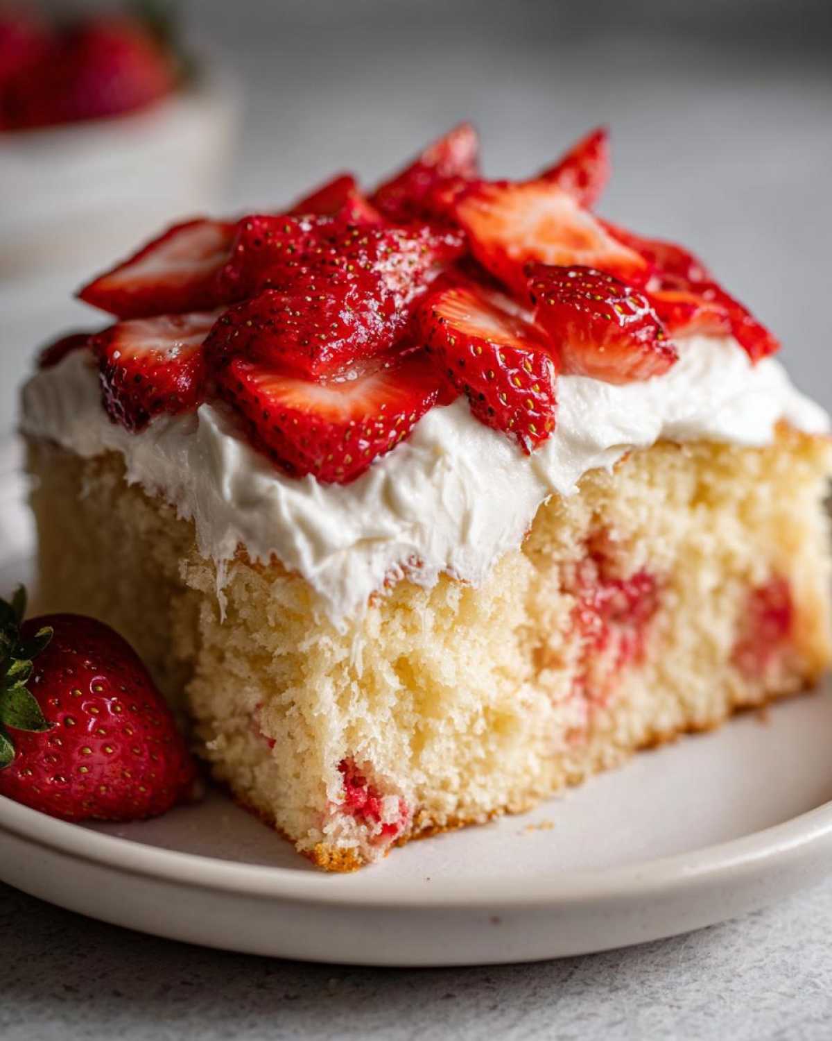 Close-up of a slice of Strawberry Vanilla Sheet Cake with Fresh Berries, topped with whipped cream.