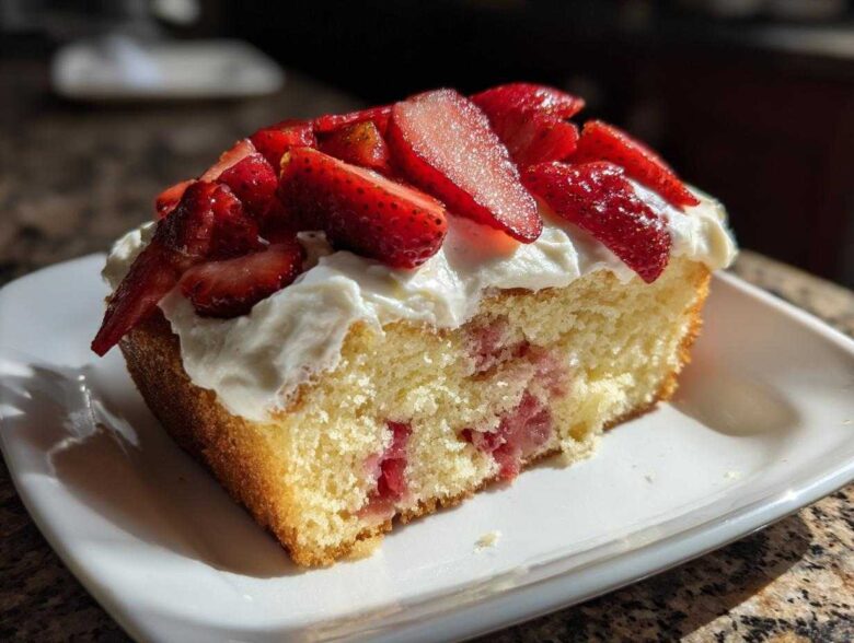 Close-up of a slice of moist Strawberry Vanilla Sheet Cake with fresh strawberries and whipped topping.