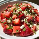 A vibrant close-up of Strawberry Watermelon Feta Salad featuring chunks of red fruit, crumbled white feta, and fresh mint leaves.