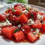 Vibrant close-up of Strawberry Watermelon Feta Salad featuring cubed watermelon, whole strawberries, crumbled feta, and mint.