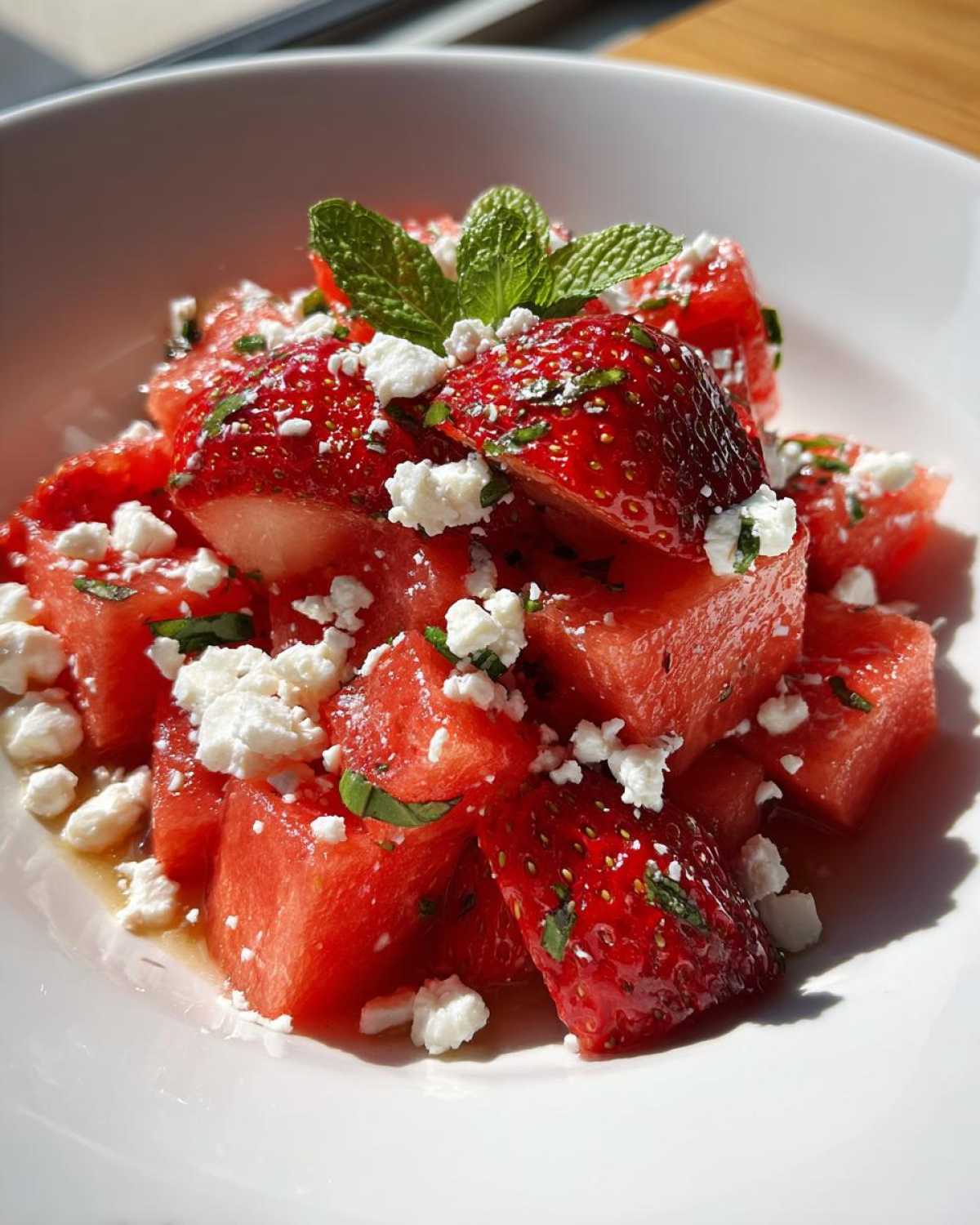 Close-up of a vibrant Strawberry Watermelon Feta Salad topped with mint leaves.