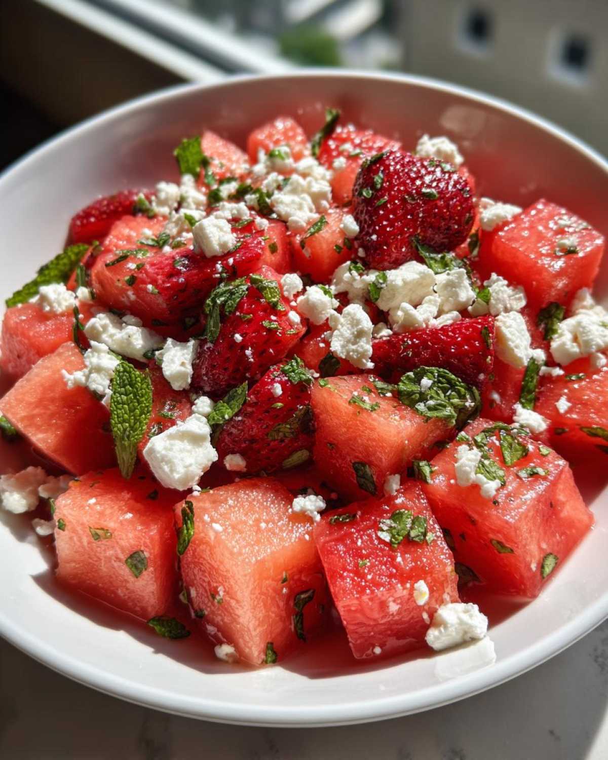 Close-up of a vibrant Strawberry Watermelon Feta Salad featuring cubed watermelon, sliced strawberries, feta crumbles, and mint.