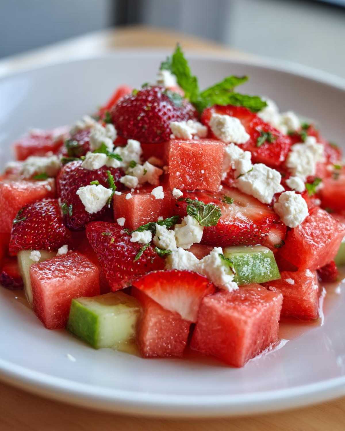 Close-up of vibrant Strawberry Watermelon Feta Salad featuring cubes of watermelon, sliced strawberries, feta cheese crumbles, and mint.