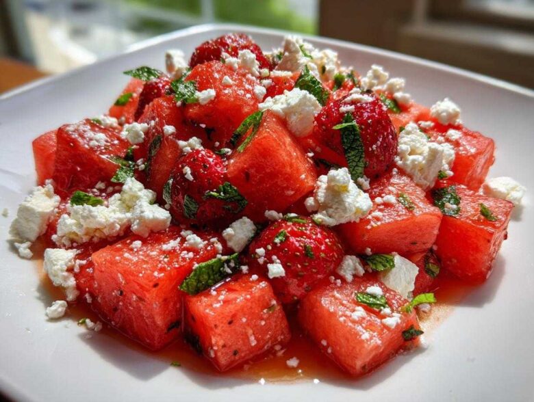 Vibrant close-up of Strawberry Watermelon Feta Salad featuring cubed watermelon, whole strawberries, crumbled feta, and mint.