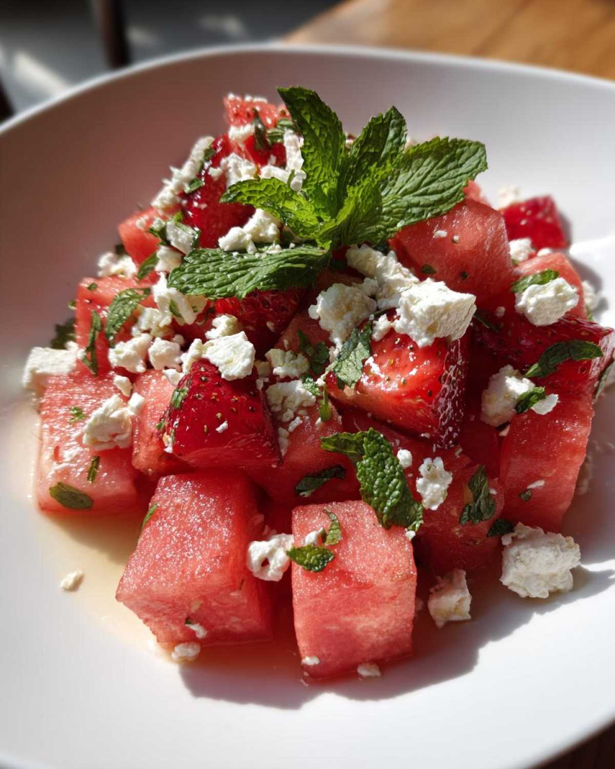Close-up of a vibrant Strawberry Watermelon Feta Salad topped with fresh mint leaves.