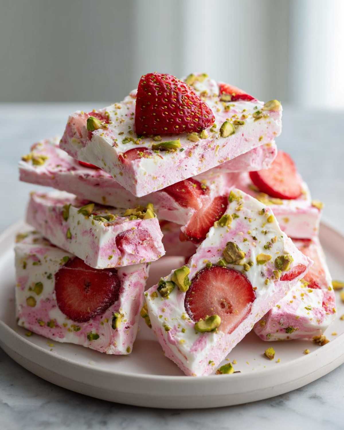 A stack of frozen slices of Strawberry Yogurt Bark with Pistachios, featuring visible strawberry pieces and green nut fragments.