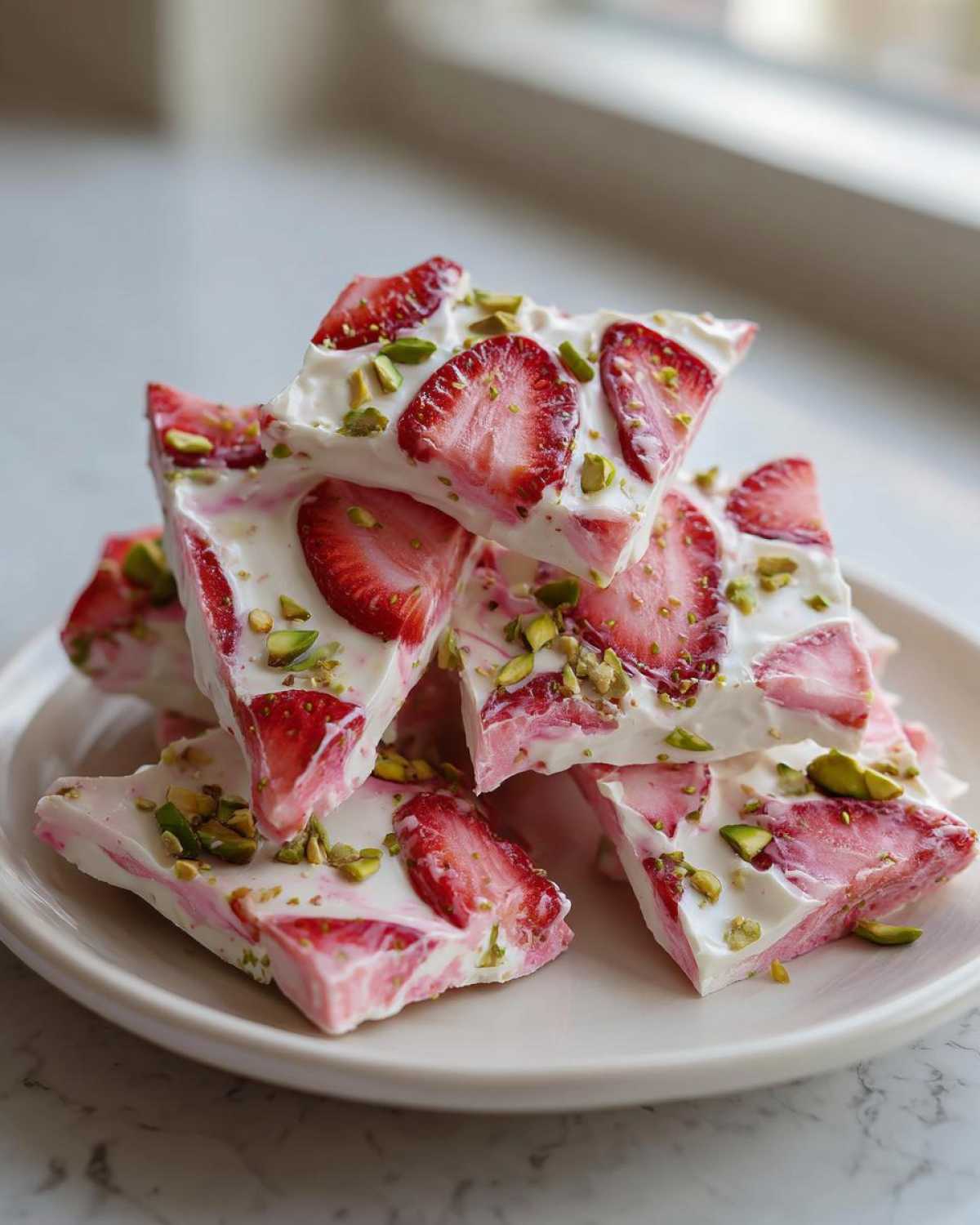 A stack of broken pieces of Strawberry Yogurt Bark with Pistachios, topped with sliced strawberries.