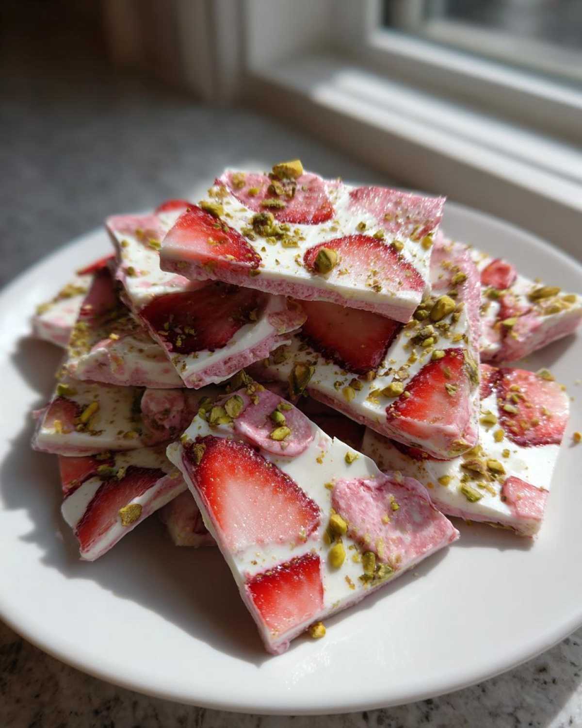A stack of frozen, broken pieces of Strawberry Yogurt Bark with Pistachios, featuring white yogurt, pink swirls, fresh strawberries, and chopped nuts.