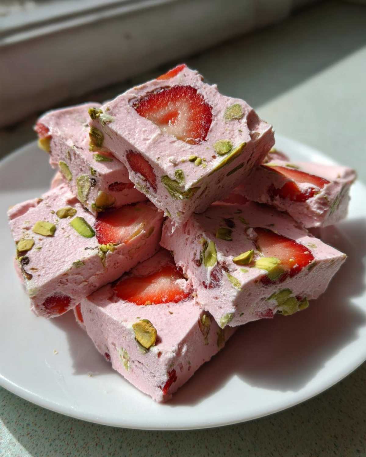 Close-up of stacked, frozen squares of pink Strawberry Yogurt Bark with Pistachios and visible strawberry slices.