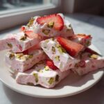 A stack of broken pieces of pink and white Strawberry Yogurt Bark with Pistachios and fresh strawberry slices on a white plate.