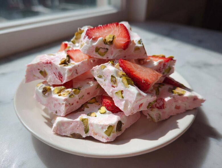 A stack of broken pieces of pink and white Strawberry Yogurt Bark with Pistachios and fresh strawberry slices on a white plate.