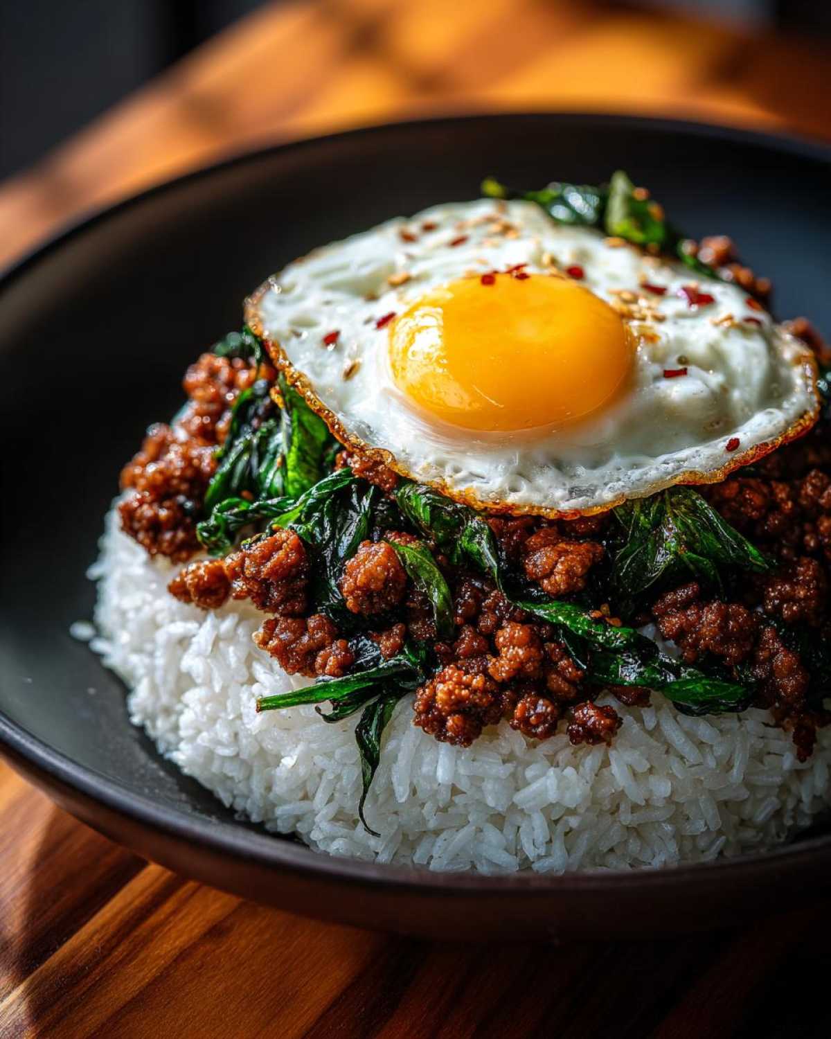 A close-up of Thai Basil Chicken Pad Krapow served over white rice, topped with a sunny-side-up fried egg.