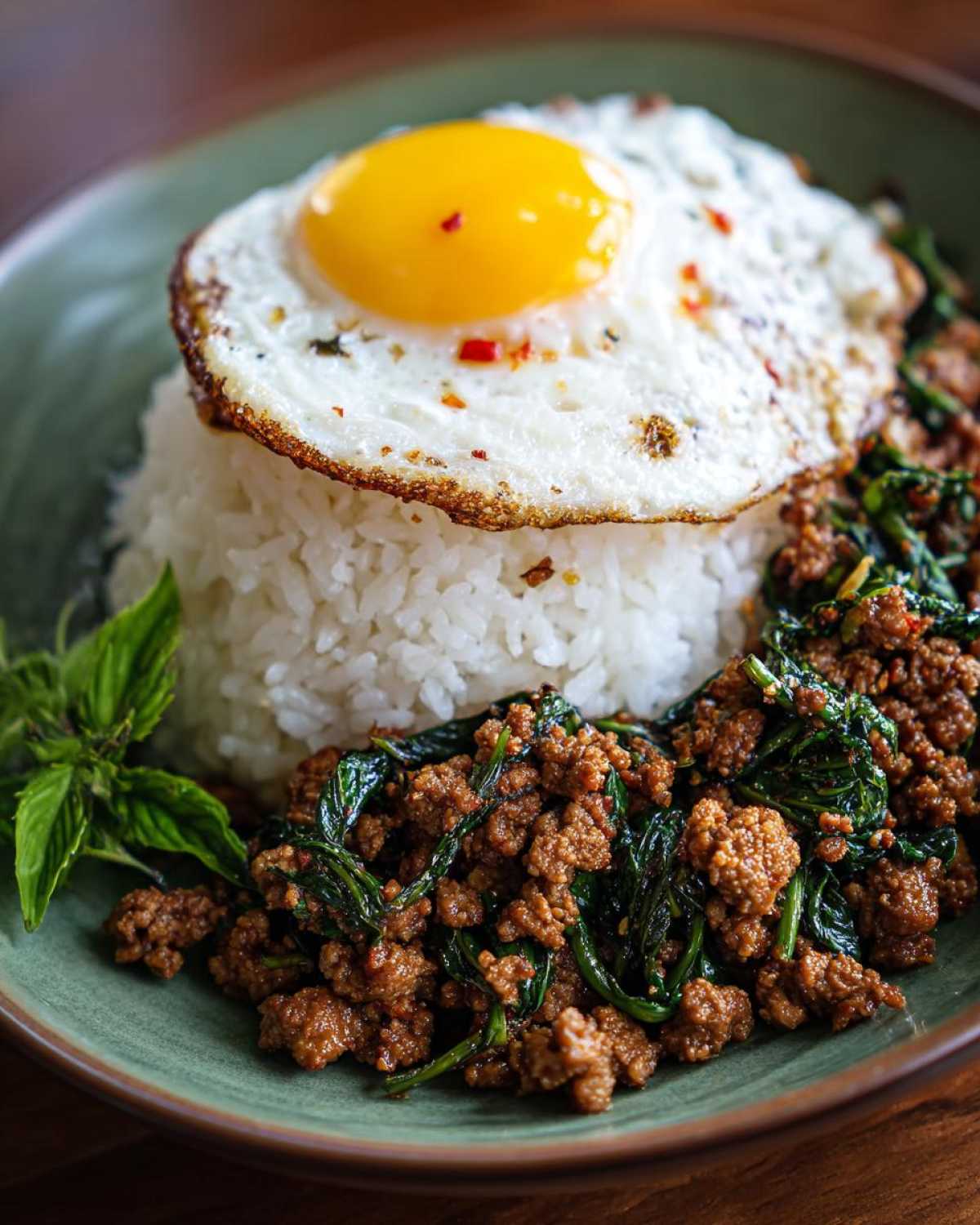 A serving of Thai Basil Chicken Pad Krapow over rice, topped with a crispy fried egg.