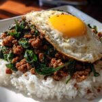 A plate of Thai Basil Chicken Pad Krapow served over white rice, topped with a sunny-side-up fried egg.