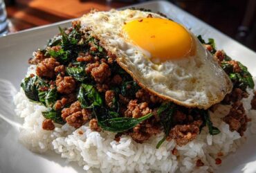 A plate of Thai Basil Chicken Pad Krapow served over white rice, topped with a sunny-side-up fried egg.