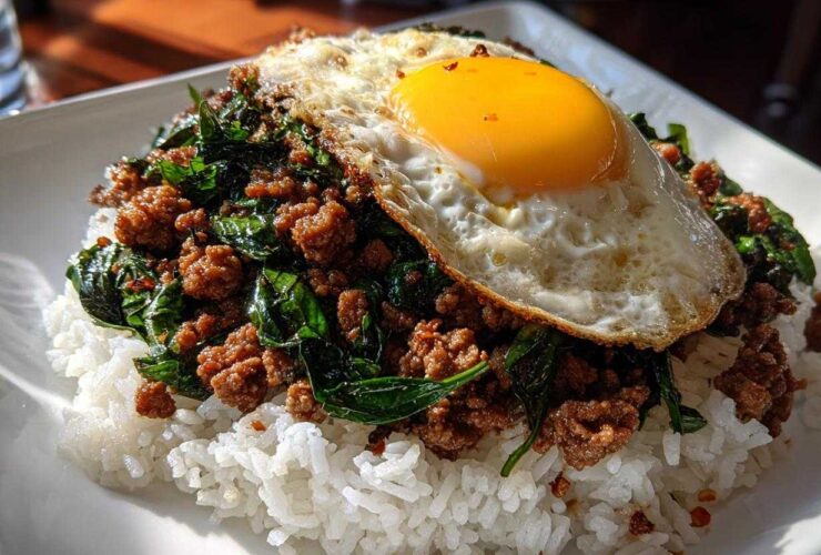 A plate of Thai Basil Chicken Pad Krapow served over white rice, topped with a sunny-side-up fried egg.