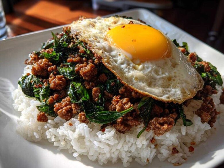 A plate of Thai Basil Chicken Pad Krapow served over white rice, topped with a sunny-side-up fried egg.