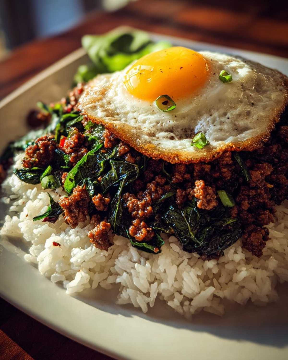 Close-up of Thai Basil Chicken Pad Krapow served over white rice, topped with a perfectly cooked sunny-side-up egg.