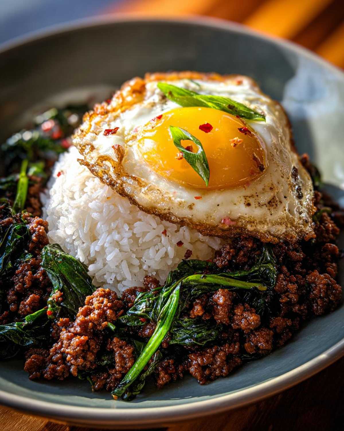 A close-up of Thai Basil Chicken Pad Krapow served over white rice, topped with a crispy fried egg.