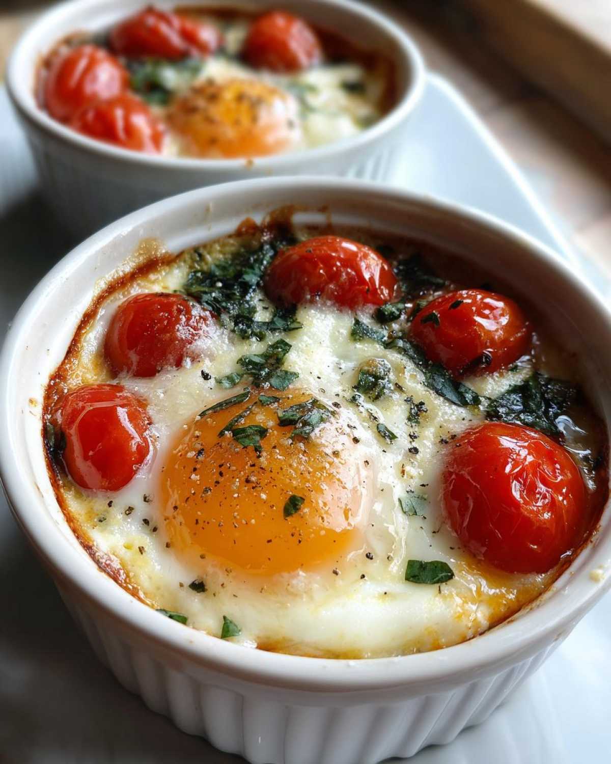 Close-up of a baked egg topped with cherry tomatoes, melted cheese, and fresh basil, part of the Tomato Basil Baked Eggs recipe.