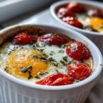 Close-up of a baked egg topped with roasted cherry tomatoes and fresh basil, part of the Tomato Basil Baked Eggs recipe.