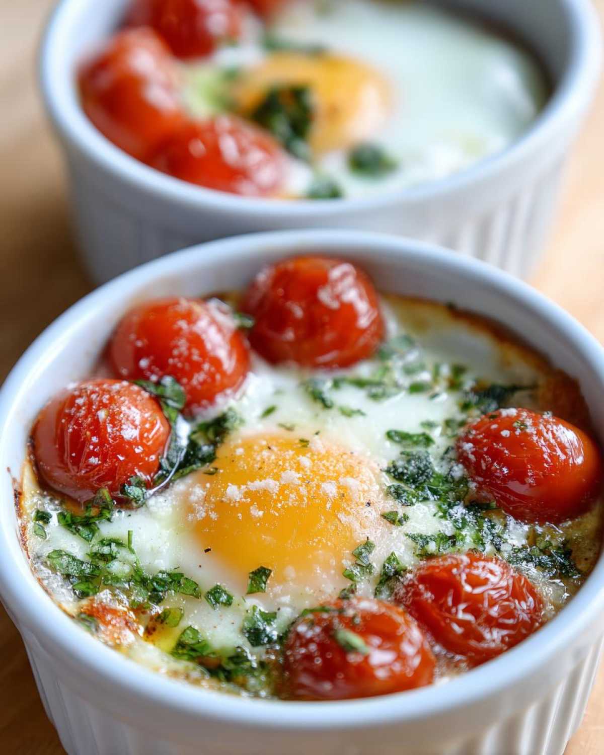 Close-up of freshly baked Tomato Basil Baked Eggs topped with blistered cherry tomatoes and herbs.