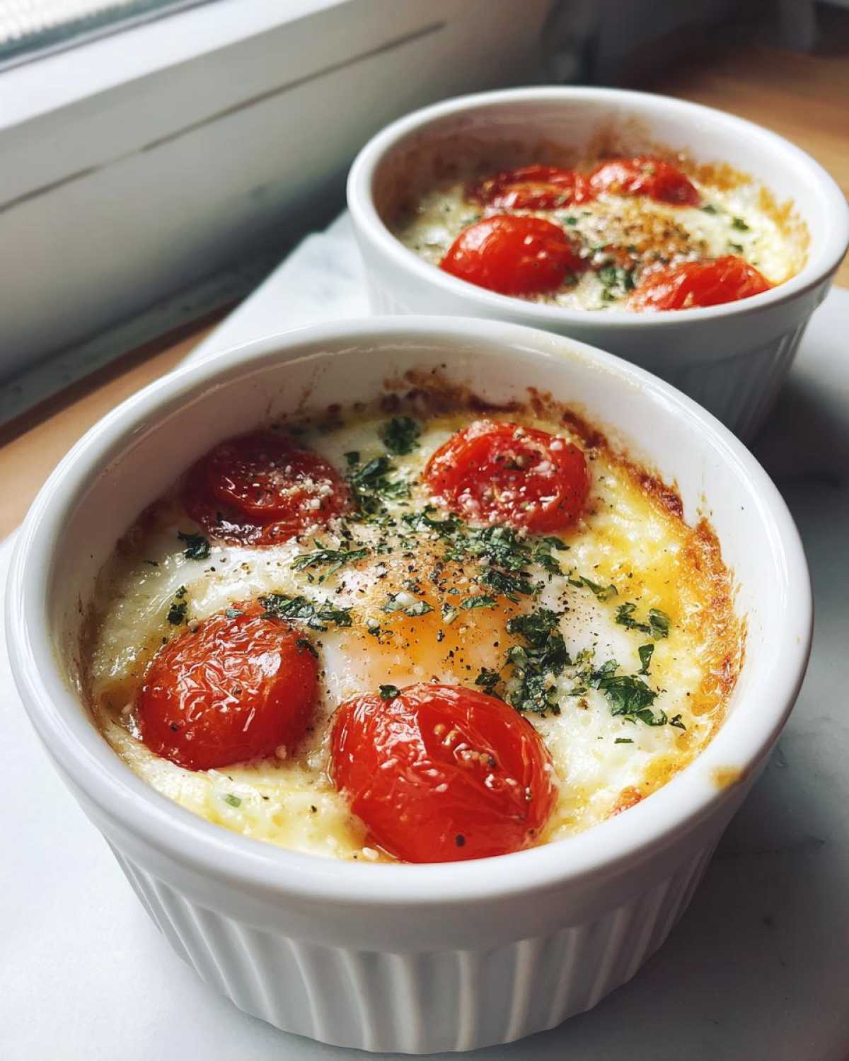 Two servings of Tomato Basil Baked Eggs baked in white ramekins, topped with roasted cherry tomatoes and herbs.