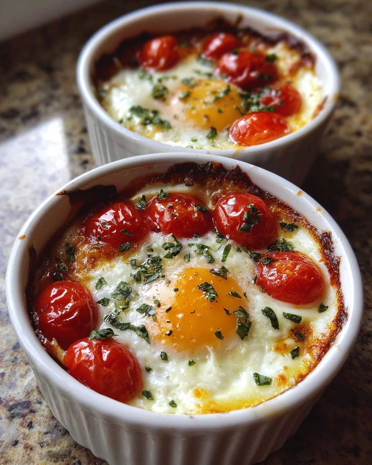 Two servings of Tomato Basil Baked Eggs, featuring a bright yolk, roasted cherry tomatoes, and fresh basil in white ramekins.