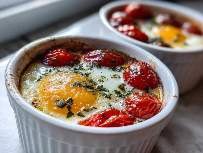 Close-up of a baked egg topped with roasted cherry tomatoes and fresh basil, part of the Tomato Basil Baked Eggs recipe.