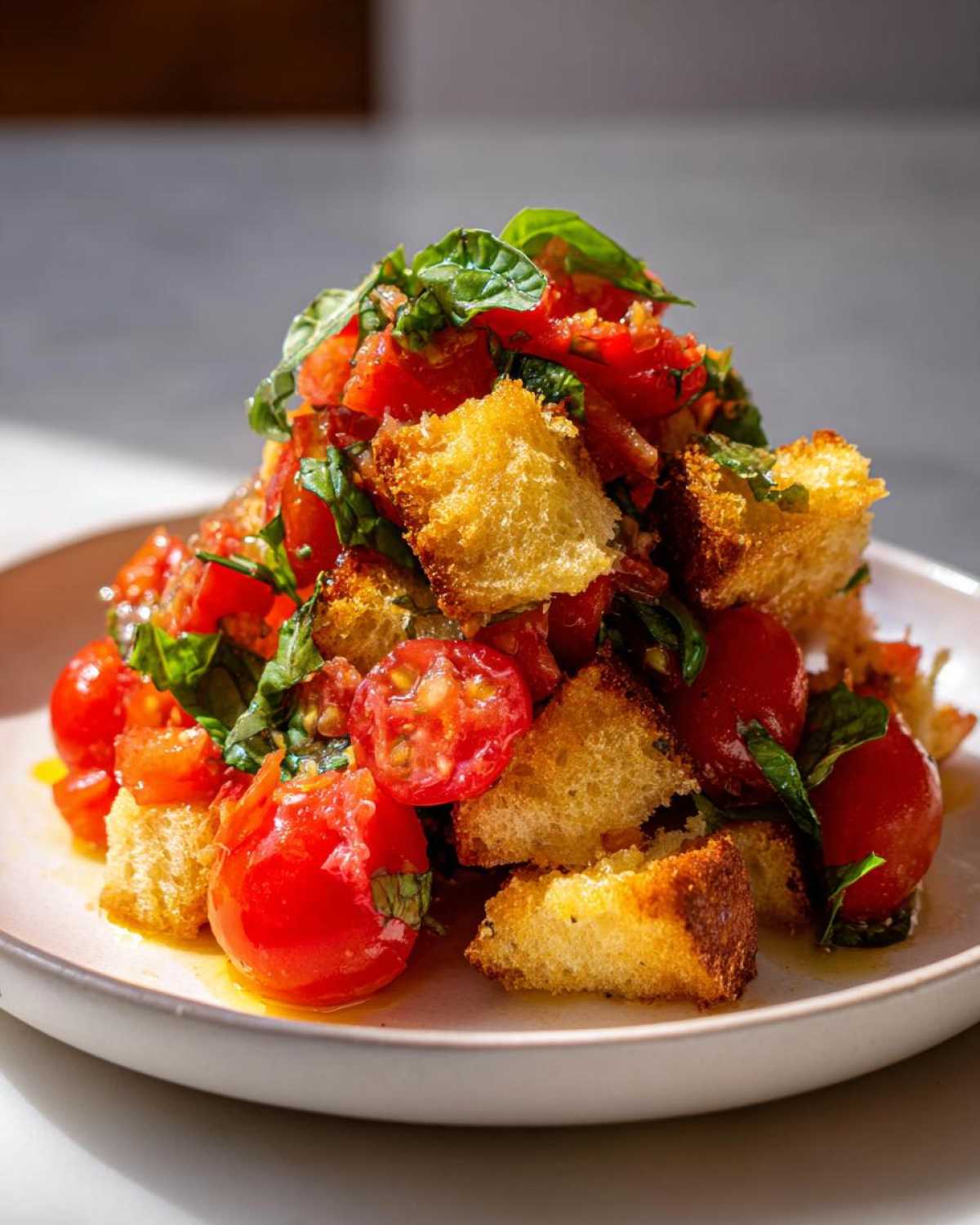 A close-up of a vibrant Tomato Basil Panzanella salad featuring toasted bread cubes, halved cherry tomatoes, and fresh basil leaves.