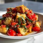 A close-up of a vibrant Tomato Basil Panzanella salad featuring toasted bread cubes, bright red tomatoes, and fresh basil leaves.